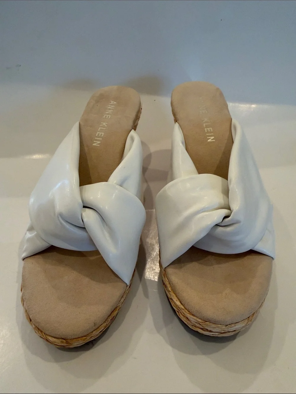 Anne Klein White Knot-Front Espadrille Wedge Slide Sandals Size 9.5